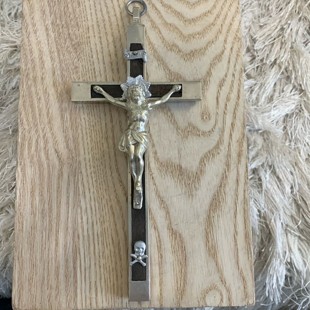 Crucifix Vintage Jesus Christ Metal With Wood‎ Inlay Religious